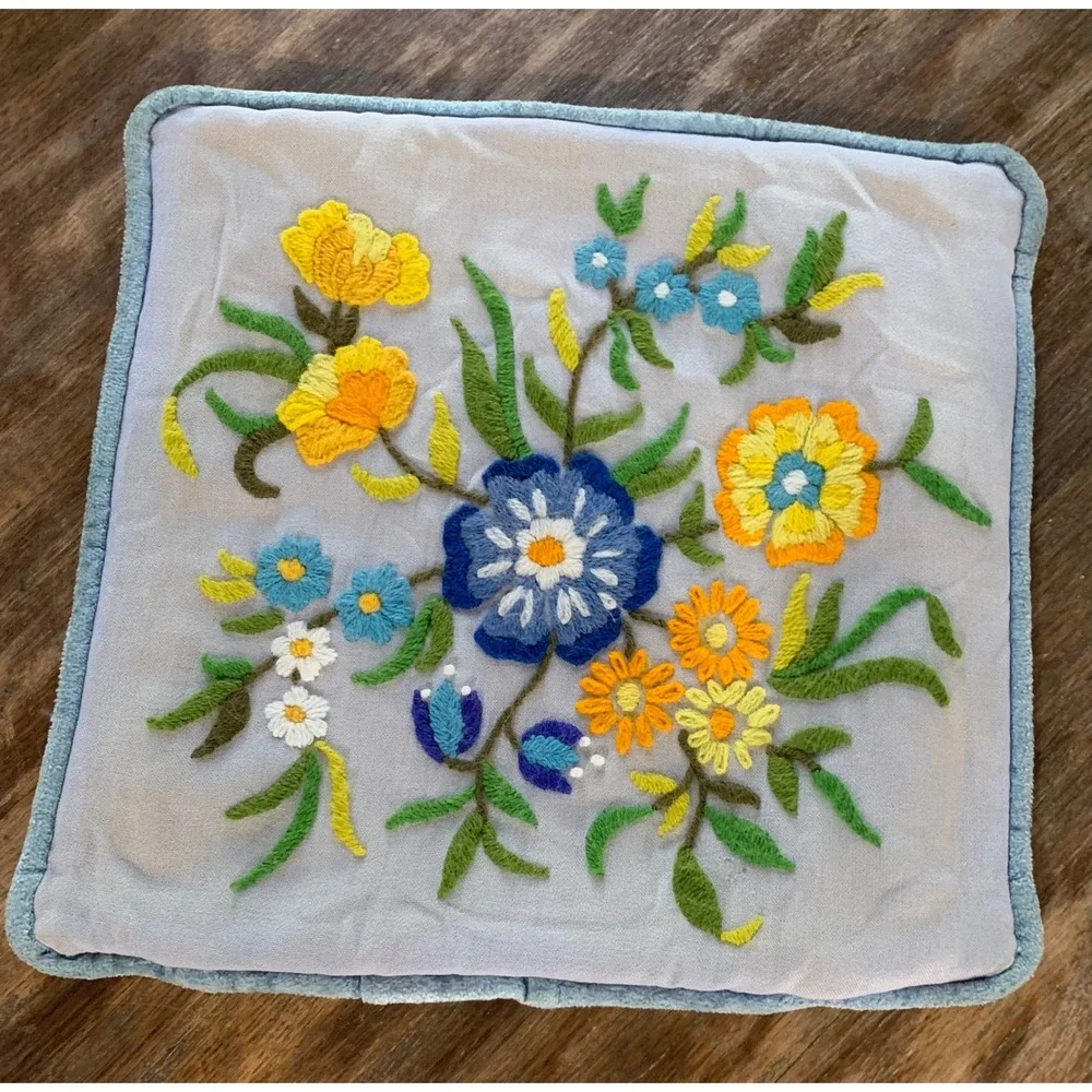 Vintage Embroidered Floral Pillow Cover Blue Crewel Boho Boho Cottage Hippie
